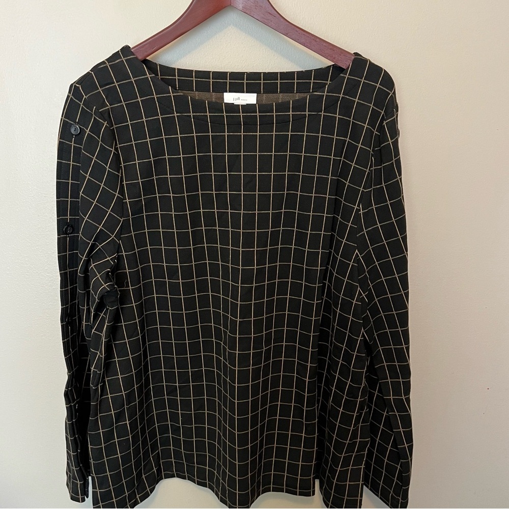 J Jill ponte knit tunic pullover top‎ with bell sleeve  window pane plaid covers